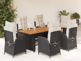 vidaXL 7 Piece Patio Dining Set with Cushions Black Poly Rattan