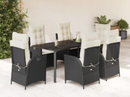 vidaXL 7 Piece Patio Dining Set with Cushions Black Poly Rattan