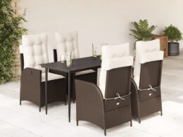 vidaXL 5 Piece Patio Dining Set with Cushions Brown Poly Rattan