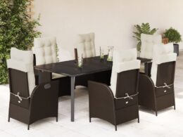 vidaXL 7 Piece Patio Dining Set with Cushions Brown Poly Rattan