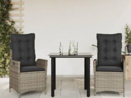vidaXL 3 Piece Patio Dining Set with Cushions Gray Poly Rattan