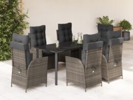 vidaXL 7 Piece Patio Dining Set with Cushions Gray Poly Rattan