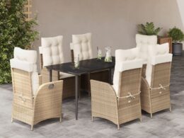 vidaXL 7 Piece Patio Dining Set with Cushions Beige Poly Rattan