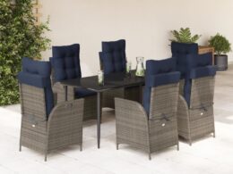vidaXL 7 Piece Patio Dining Set with Cushions Gray Poly Rattan