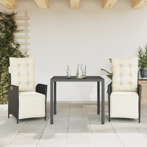 vidaXL 3 Piece Patio Dining Set with Cushions Black Poly Rattan