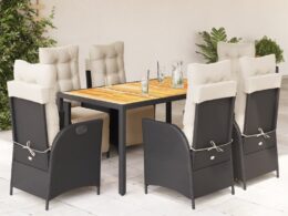vidaXL 7 Piece Patio Dining Set with Cushions Black Poly Rattan