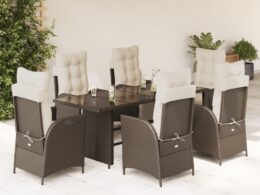 vidaXL 7 Piece Patio Dining Set with Cushions Brown Poly Rattan