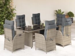 vidaXL 7 Piece Patio Dining Set with Cushions Gray Poly Rattan