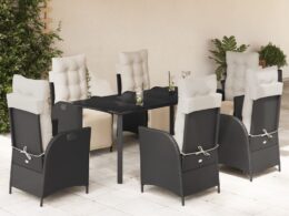 vidaXL 7 Piece Patio Dining Set with Cushions Black Poly Rattan