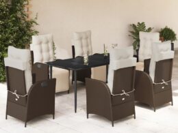 vidaXL 7 Piece Patio Dining Set with Cushions Brown Poly Rattan