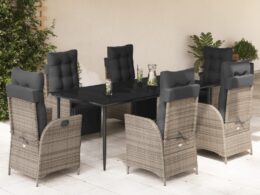 vidaXL 7 Piece Patio Dining Set with Cushions Gray Poly Rattan