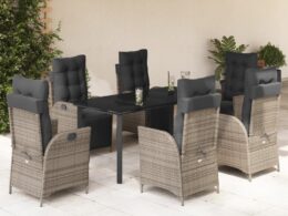 vidaXL 7 Piece Patio Dining Set with Cushions Gray Poly Rattan