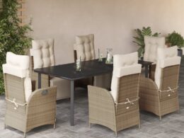 vidaXL 7 Piece Patio Dining Set with Cushions Beige Poly Rattan