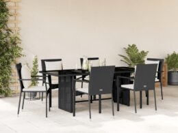 vidaXL 7 Piece Patio Dining Set with Cushions Black Poly Rattan