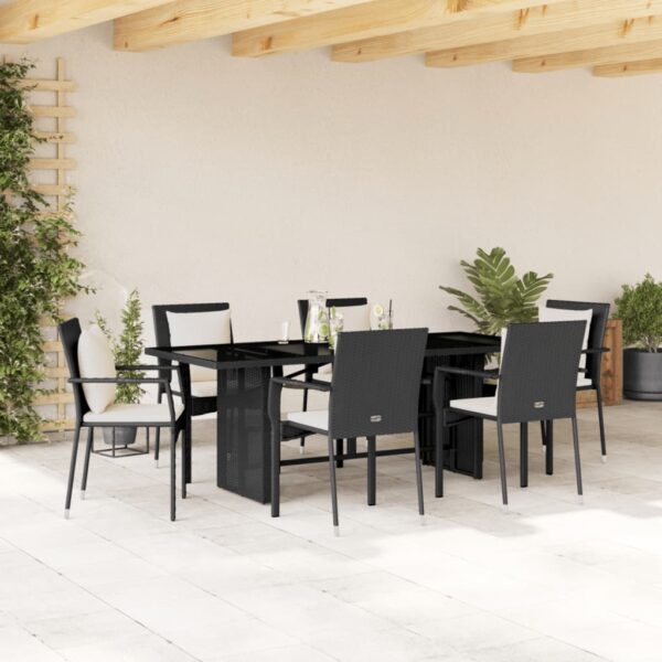vidaXL 7 Piece Patio Dining Set with Cushions Black Poly Rattan