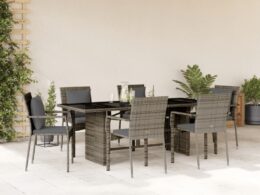 vidaXL 7 Piece Patio Dining Set with Cushions Gray Poly Rattan