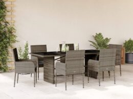 vidaXL 7 Piece Patio Dining Set with Cushions Gray Poly Rattan