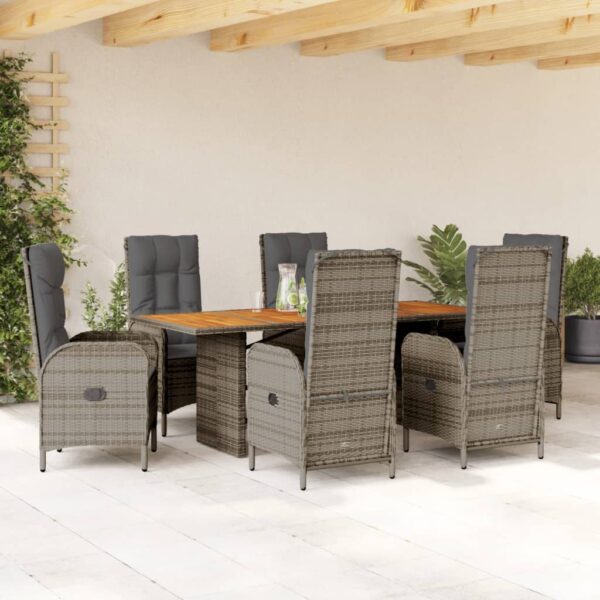 vidaXL 7 Piece Patio Dining Set with Cushions Gray Poly Rattan