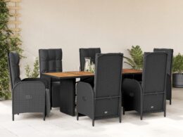 vidaXL 7 Piece Patio Dining Set with Cushions Black Poly Rattan