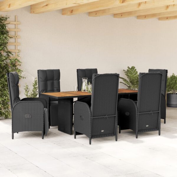 vidaXL 7 Piece Patio Dining Set with Cushions Black Poly Rattan