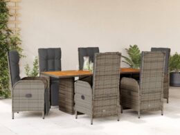 vidaXL 7 Piece Patio Dining Set with Cushions Gray Poly Rattan