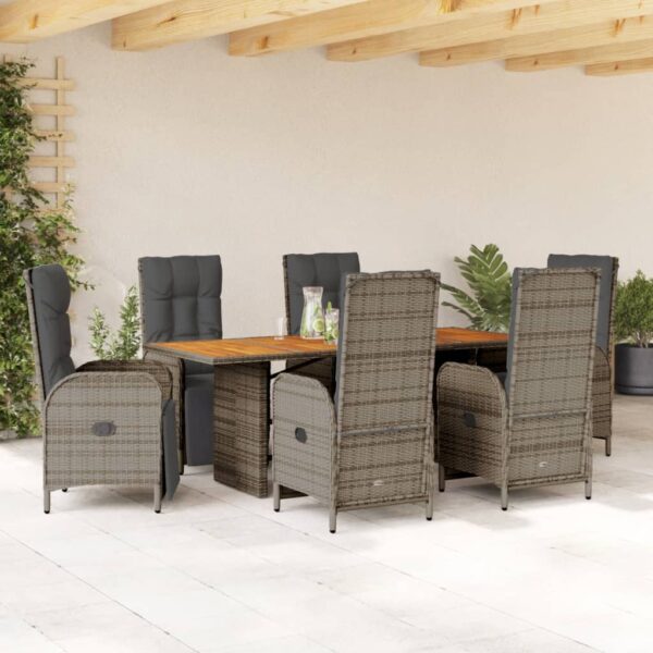 vidaXL 7 Piece Patio Dining Set with Cushions Gray Poly Rattan