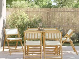 vidaXL 6 Piece Folding Bistro Chairs with Cream White Cushions Bamboo