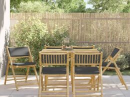 vidaXL 6 Piece Folding Bistro Chairs with Dark Gray Cushions Bamboo