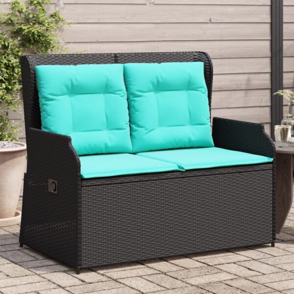 vidaXL Reclining Patio Bench with Cushions Black Poly Rattan