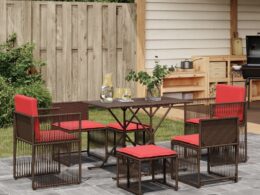 vidaXL 7 Piece Patio Dining Set with Cushions Brown Poly Rattan