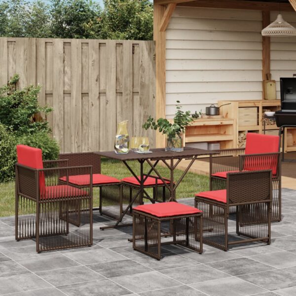 vidaXL 7 Piece Patio Dining Set with Cushions Brown Poly Rattan