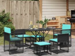 vidaXL 7 Piece Patio Dining Set with Cushions Black Poly Rattan