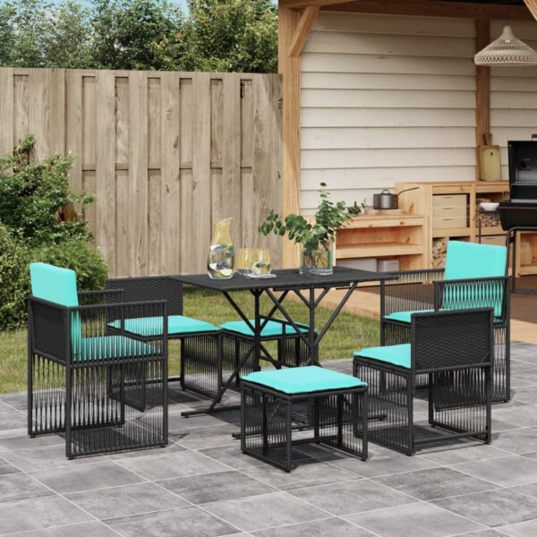 vidaXL 7 Piece Patio Dining Set with Cushions Black Poly Rattan