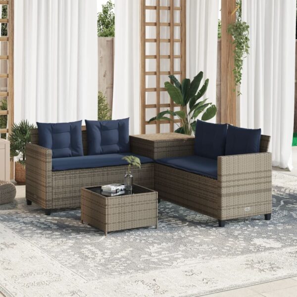 vidaXL Patio Sofa with Table and Cushions L-Shaped Gray Poly Rattan
