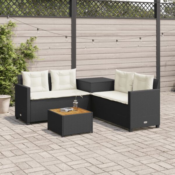 vidaXL Patio Sofa with Table and Cushions L-Shaped Black Poly Rattan