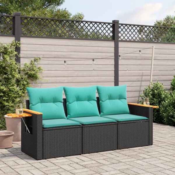 vidaXL 3 Piece Patio Sofa Set with Cushions Black Poly Rattan