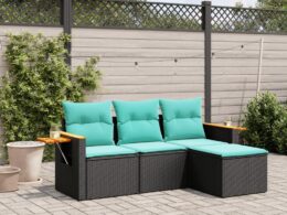 vidaXL 4 Piece Patio Sofa Set with Cushions Black Poly Rattan