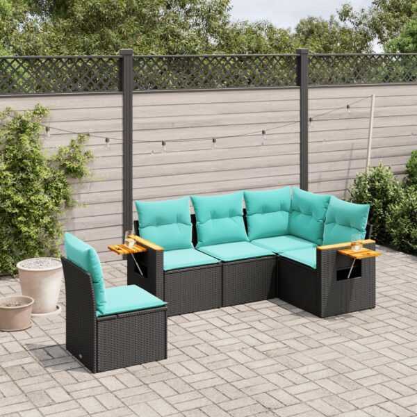 vidaXL 5 Piece Patio Sofa Set with Cushions Black Poly Rattan
