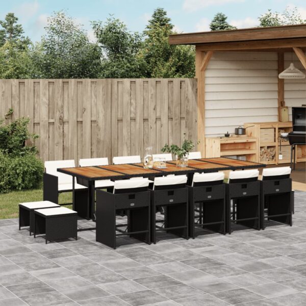 vidaXL 15 Piece Patio Dining Set with Cushions Black Poly Rattan