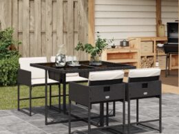 vidaXL 5 Piece Patio Dining Set with Cushions Black Poly Rattan