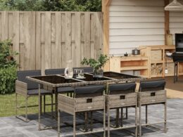 vidaXL 7 Piece Patio Dining Set with Cushions Gray Poly Rattan