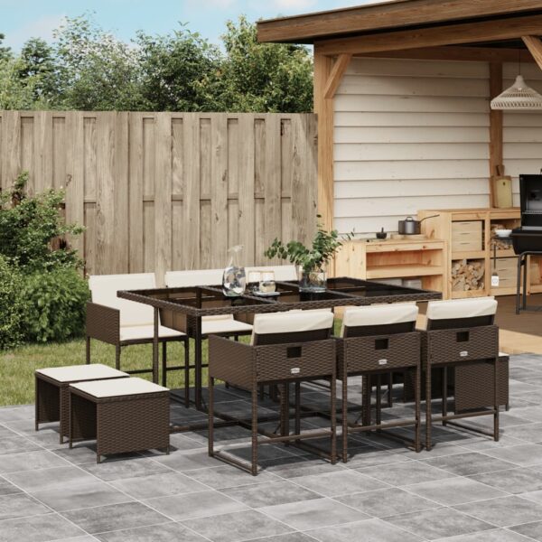 vidaXL 11 Piece Patio Dining Set with Cushions Brown Poly Rattan