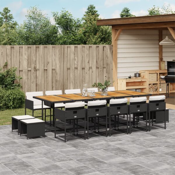 vidaXL 15 Piece Patio Dining Set with Cushions Black Poly Rattan