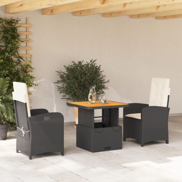 vidaXL 3 Piece Patio Dining Set with Cushions Black Poly Rattan