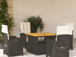 vidaXL 5 Piece Patio Dining Set with Cushions Black Poly Rattan