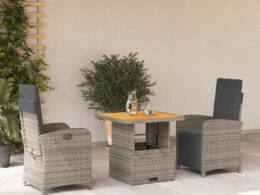 vidaXL 3 Piece Patio Dining Set with Cushions Gray Poly Rattan