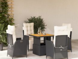 vidaXL 5 Piece Patio Dining Set with Cushions Black Poly Rattan