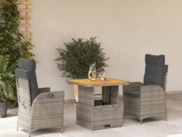 vidaXL 3 Piece Patio Dining Set with Cushions Gray Poly Rattan