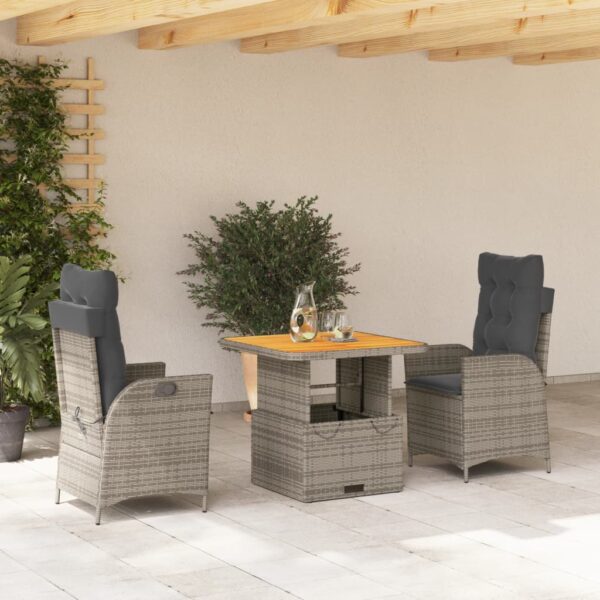 vidaXL 3 Piece Patio Dining Set with Cushions Gray Poly Rattan