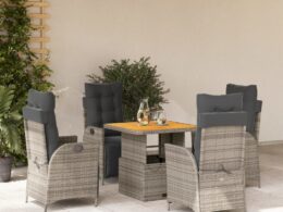 vidaXL 5 Piece Patio Dining Set with Cushions Gray Poly Rattan